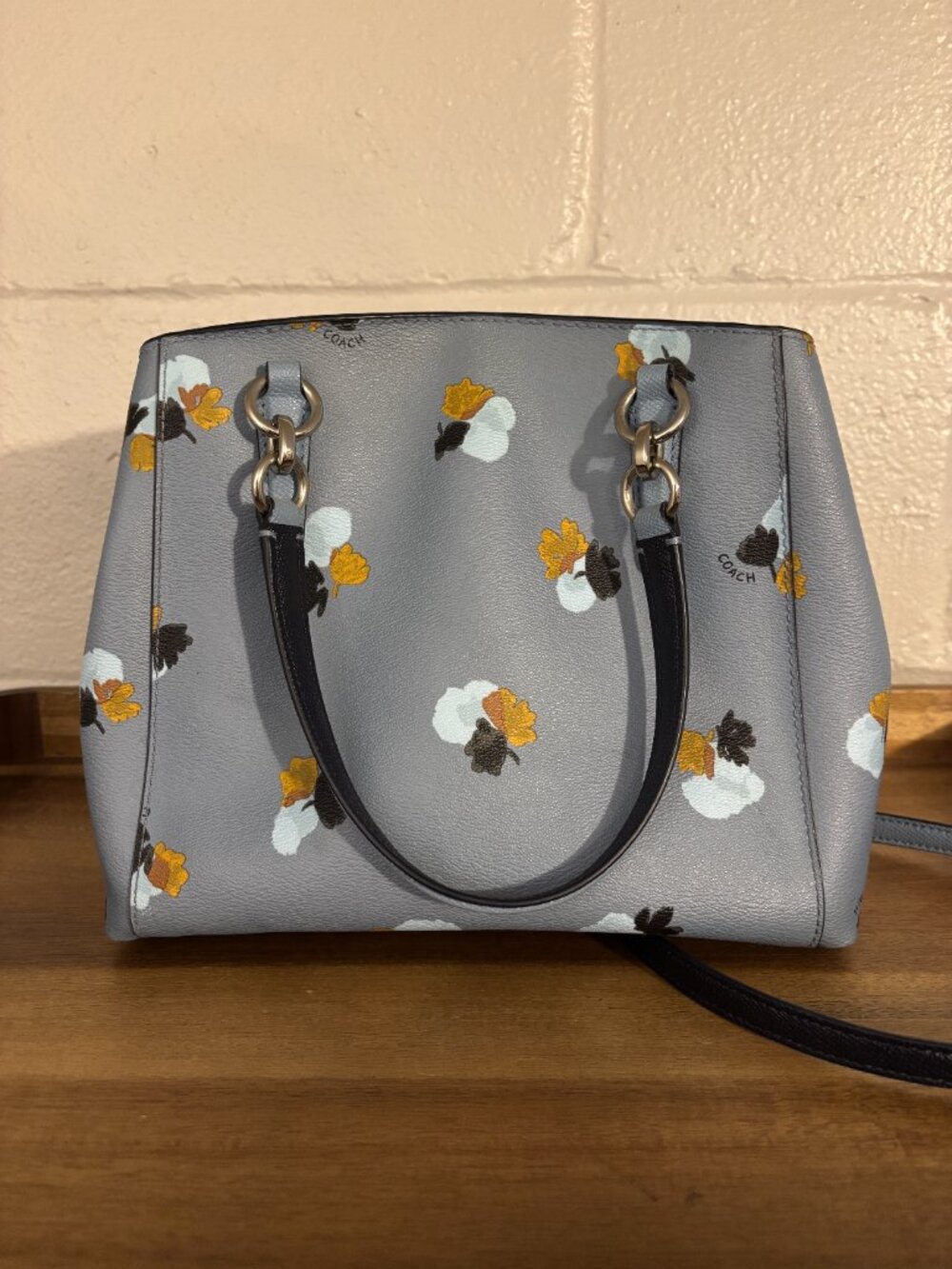 Coach Minetta Light Blue Navy Blue Floral 2 Way Leather Satchel Crossbody - Picture 3 of 11